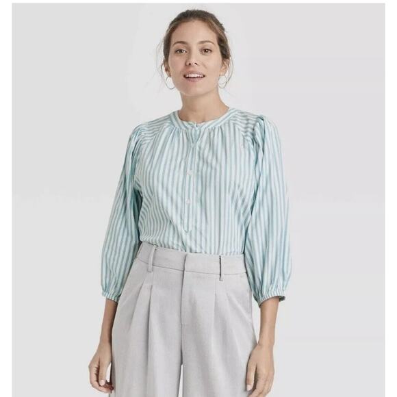A New Day Womens Medium Striped Button Front Shirt Cotton Rayon Puff Sleeve - Picture 1 of 10